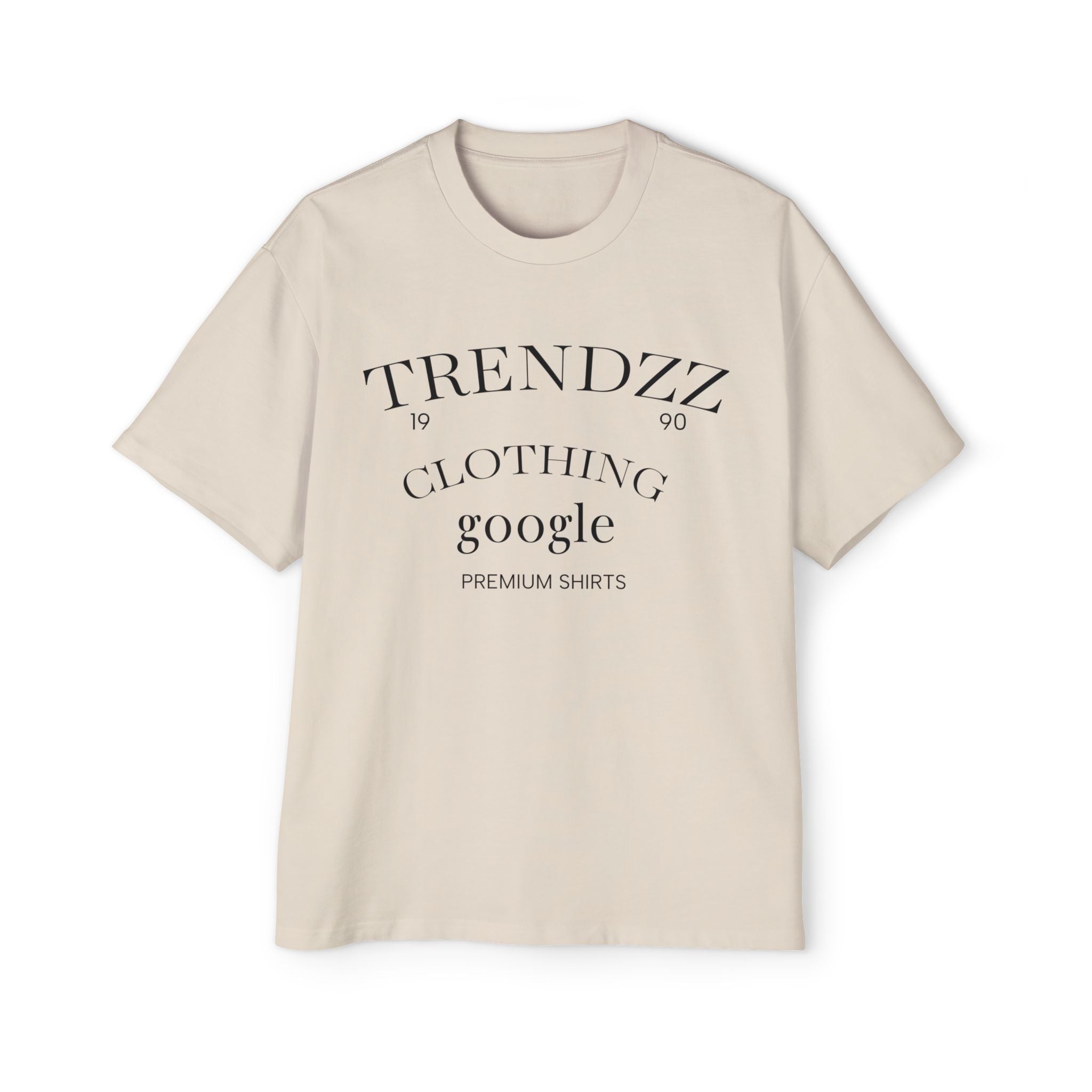 Beige t-shirt with black text on a white background